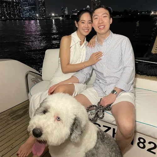 Customer04 with old english sheepdog. Dog friendly packages for dog cruise provided by Wanderlust Adventure best Singapore yacht rental.