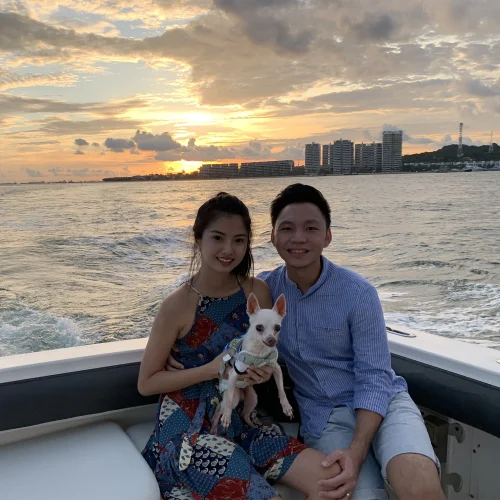 Customer17 with Chihuahua. Dog friendly packages for dog cruise provided by Wanderlust Adventure best Singapore yacht rental.